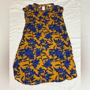 H&M Yellow and Blue Floral Tropical Summer Midi Dress, 100% Viscose, Size 10